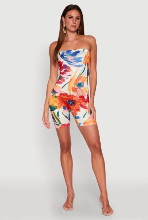Abstract Floral Print Tube Romper