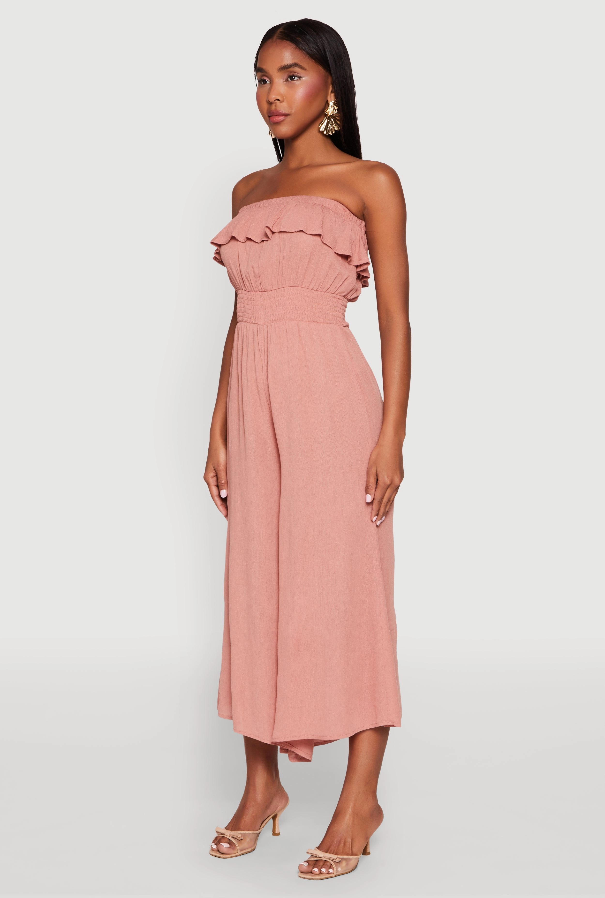 Almost Famous Ruffle Overlay Smocked Waist Jumpsuit