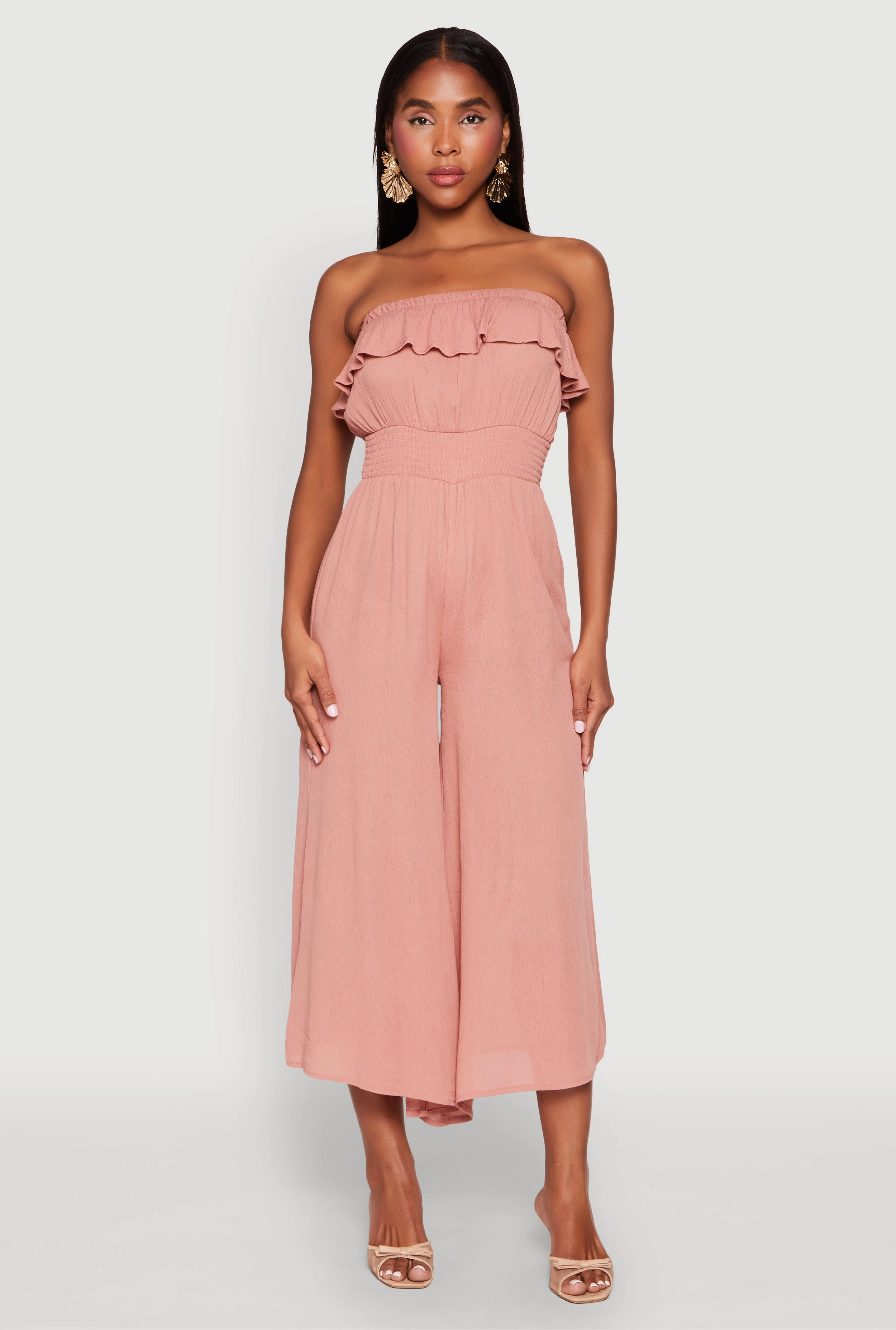 Almost Famous Ruffle Overlay Smocked Waist Jumpsuit