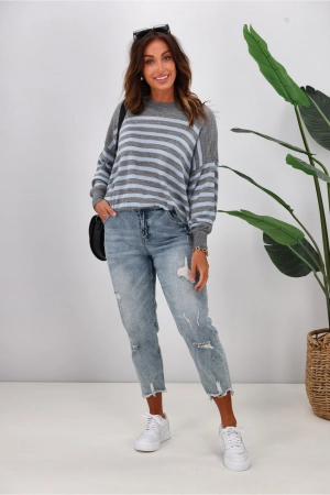 Alpine by Shine On Georgia Striped Merino Batwing Top Grey Marle Blue