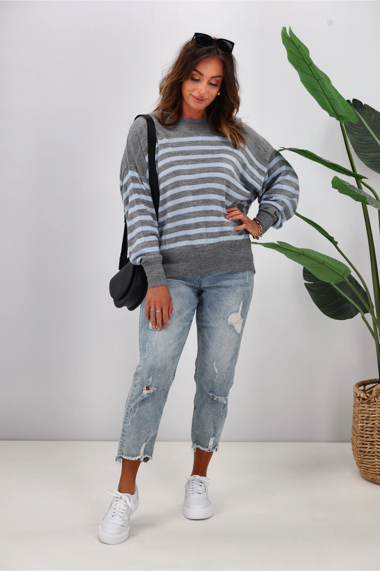 Alpine by Shine On Georgia Striped Merino Batwing Top Grey Marle Blue