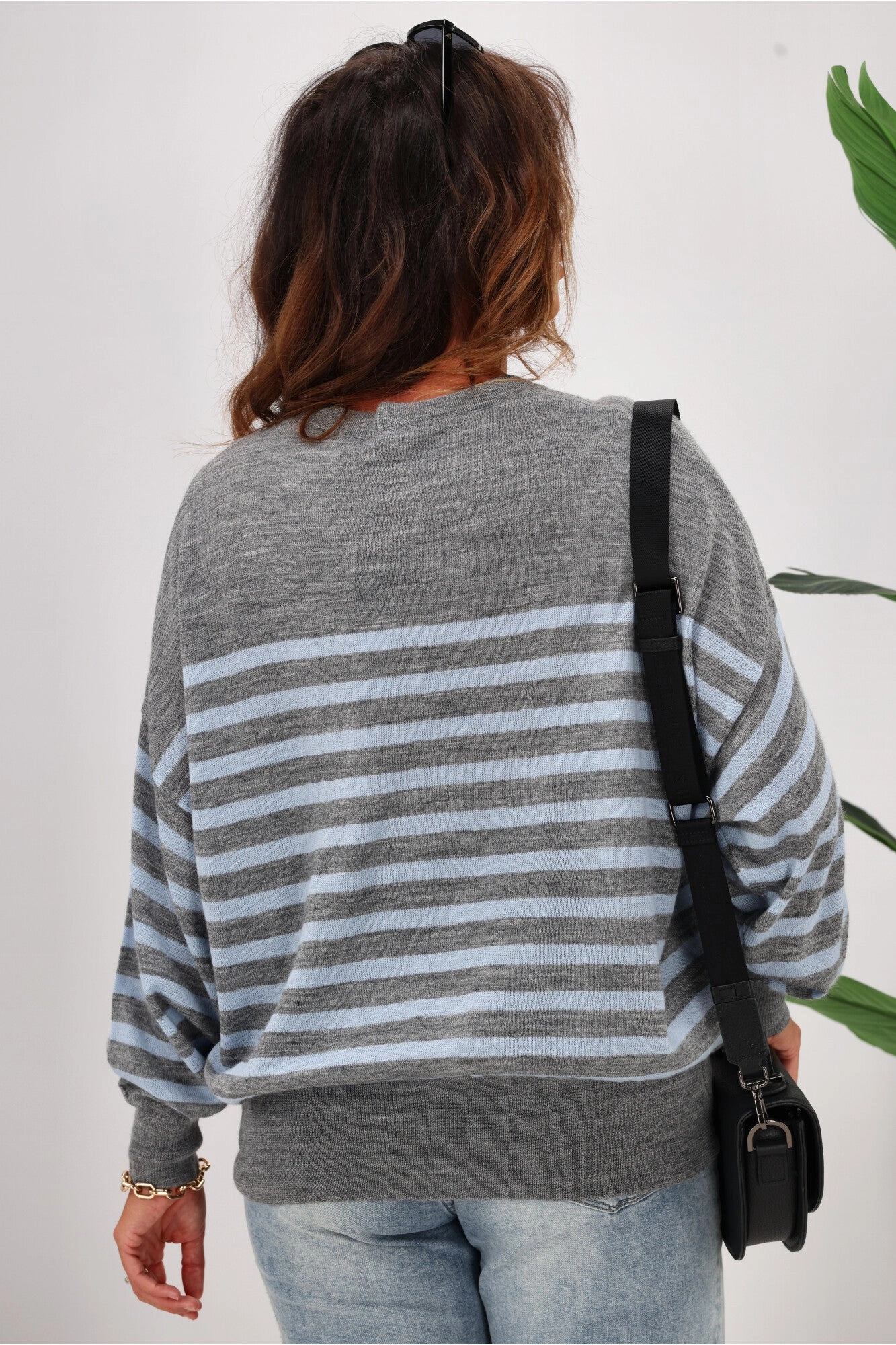 Alpine by Shine On Georgia Striped Merino Batwing Top Grey Marle Blue