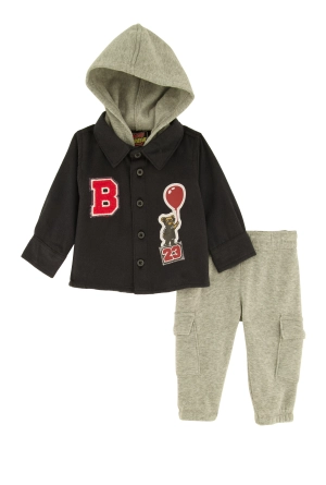 Baby Boys 0-9M Bear Graphic Hooded Shacket and Cargo Sweatpants