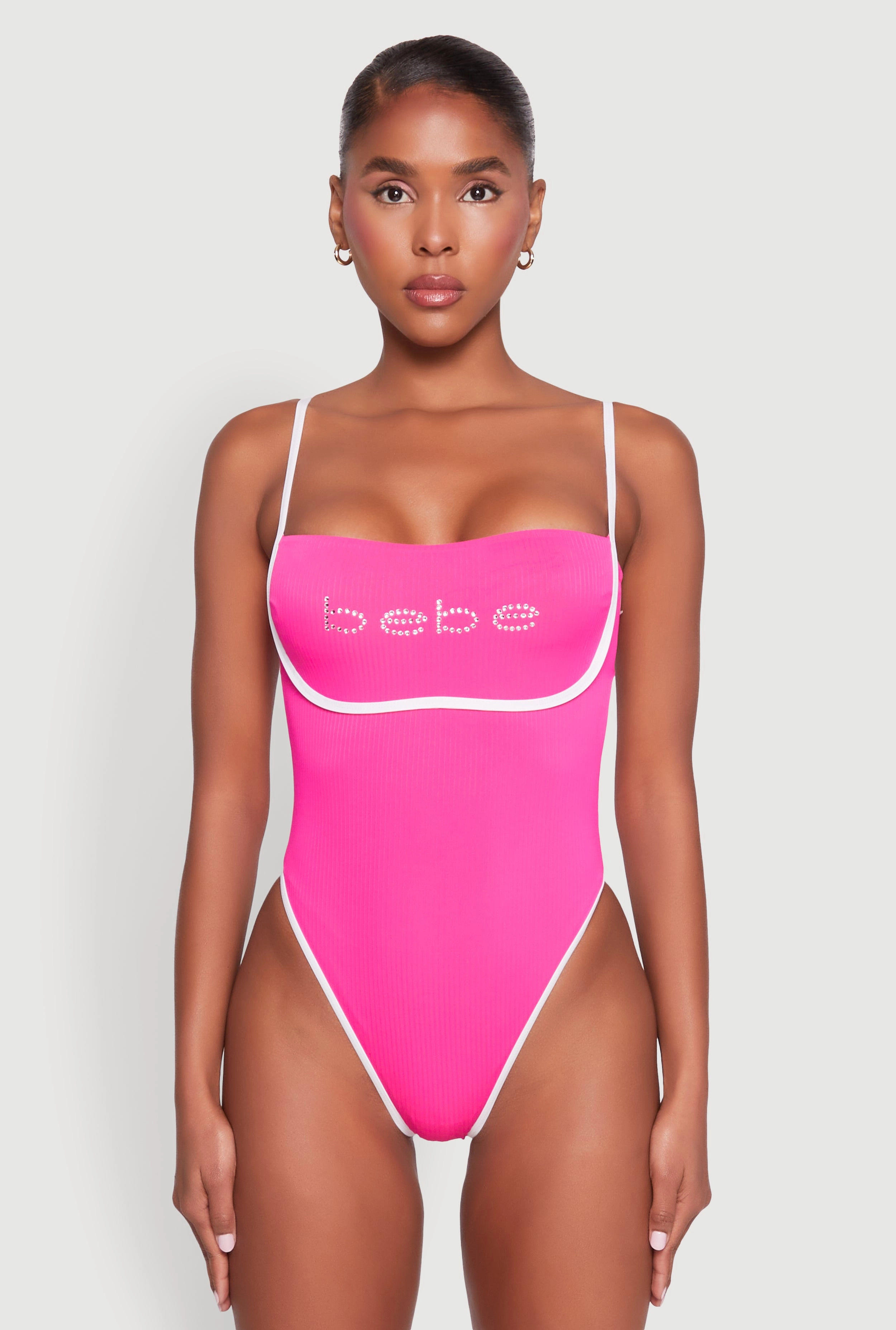 Bebe Rhinestone Tie Back One Piece Swimsuit