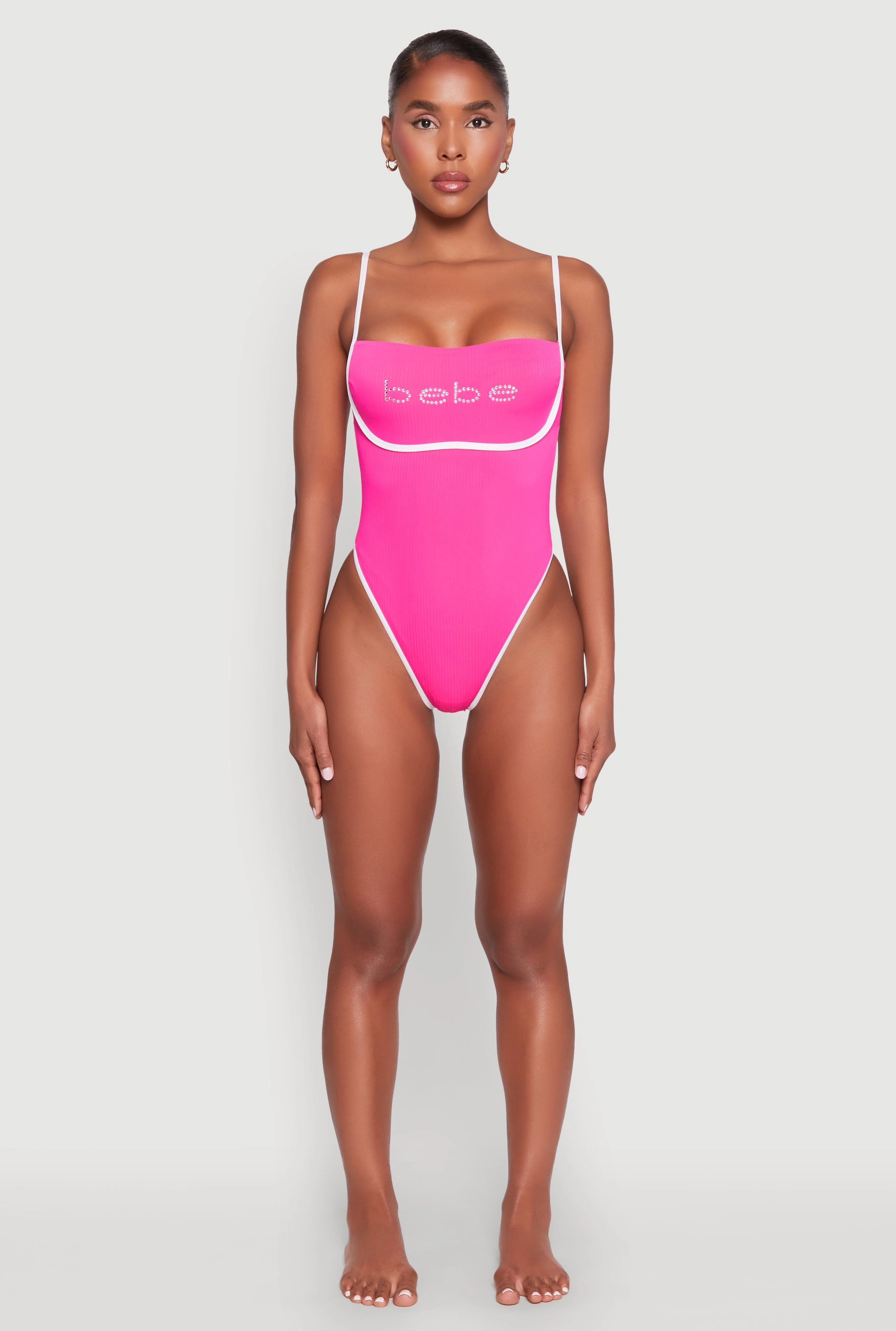 Bebe Rhinestone Tie Back One Piece Swimsuit
