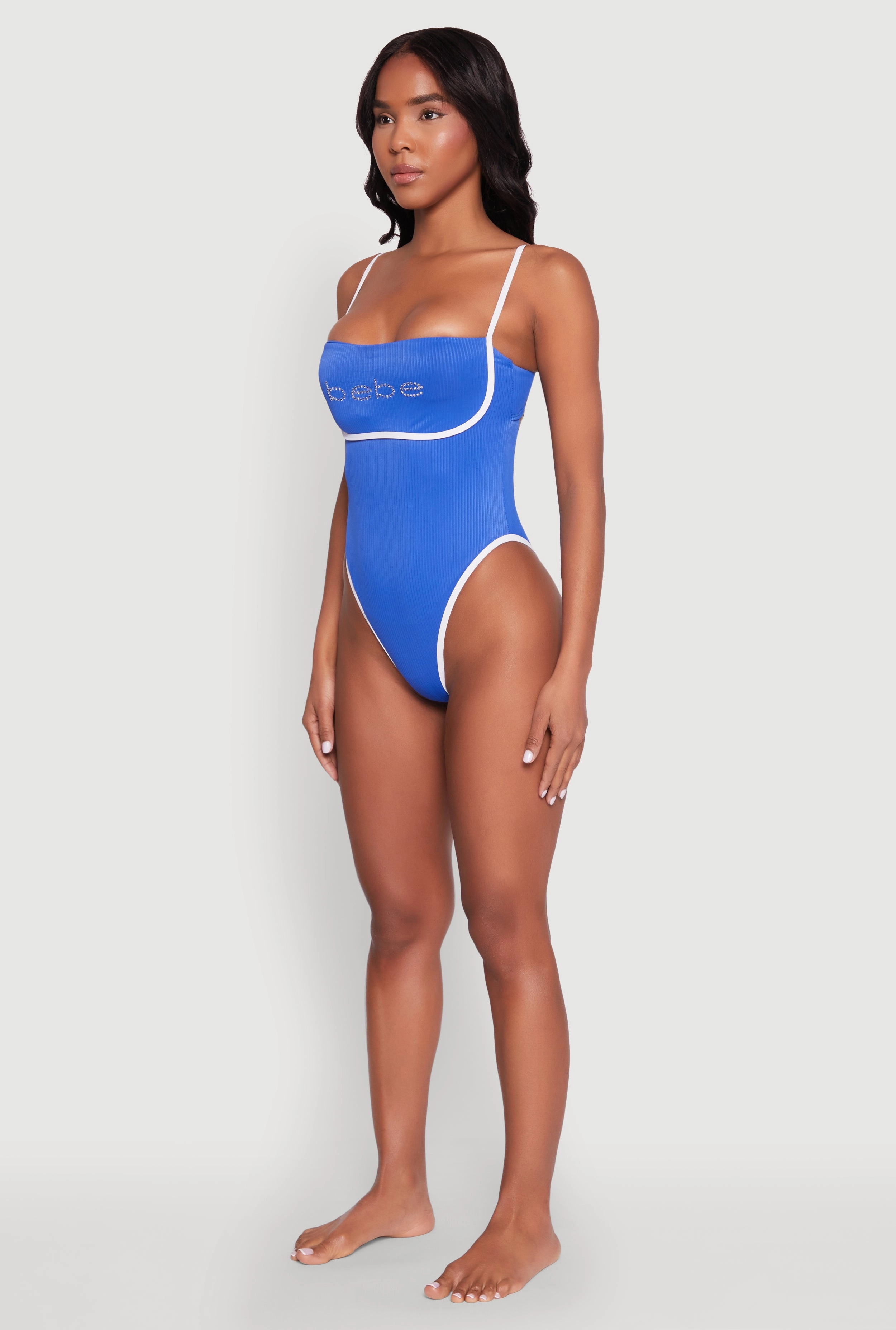Bebe Rhinestone Tie Back One Piece Swimsuit