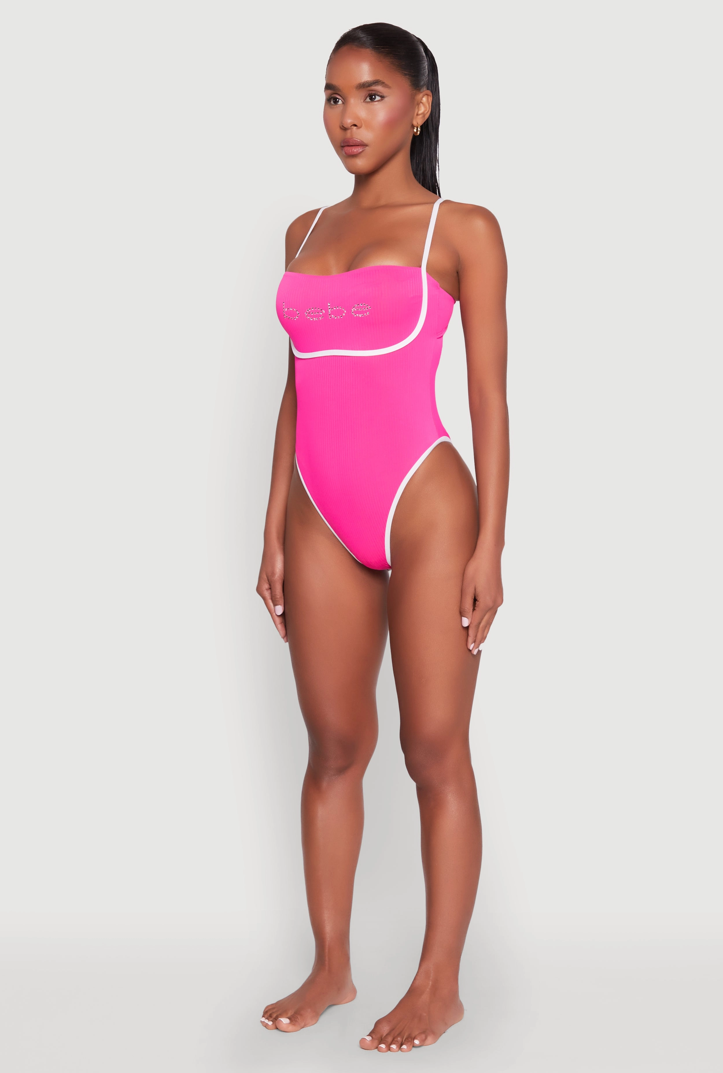 Bebe Rhinestone Tie Back One Piece Swimsuit