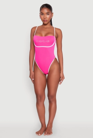Bebe Rhinestone Tie Back One Piece Swimsuit