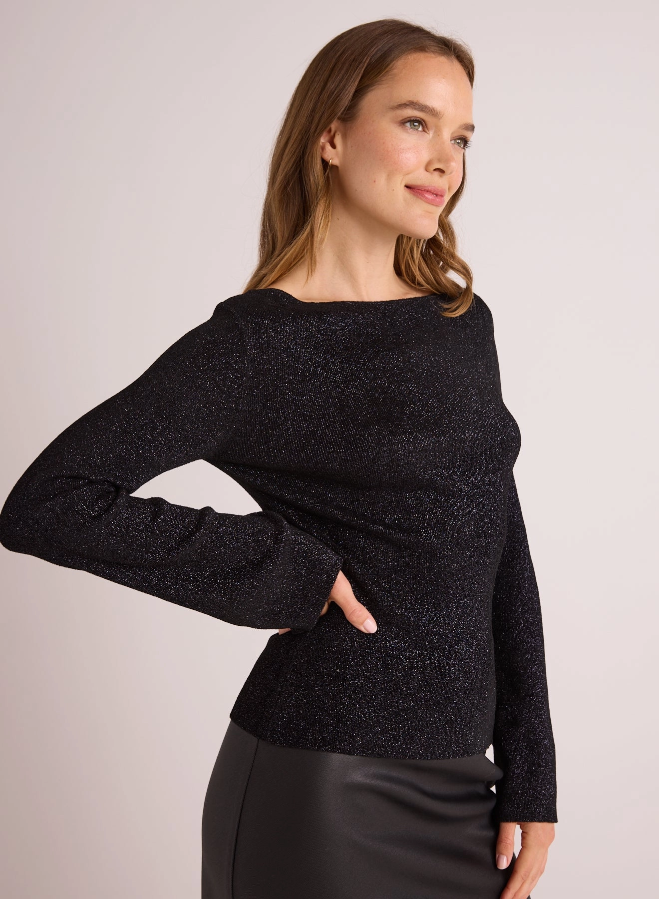 Boatneck Long Sleeve Sweater - Black with Metallic