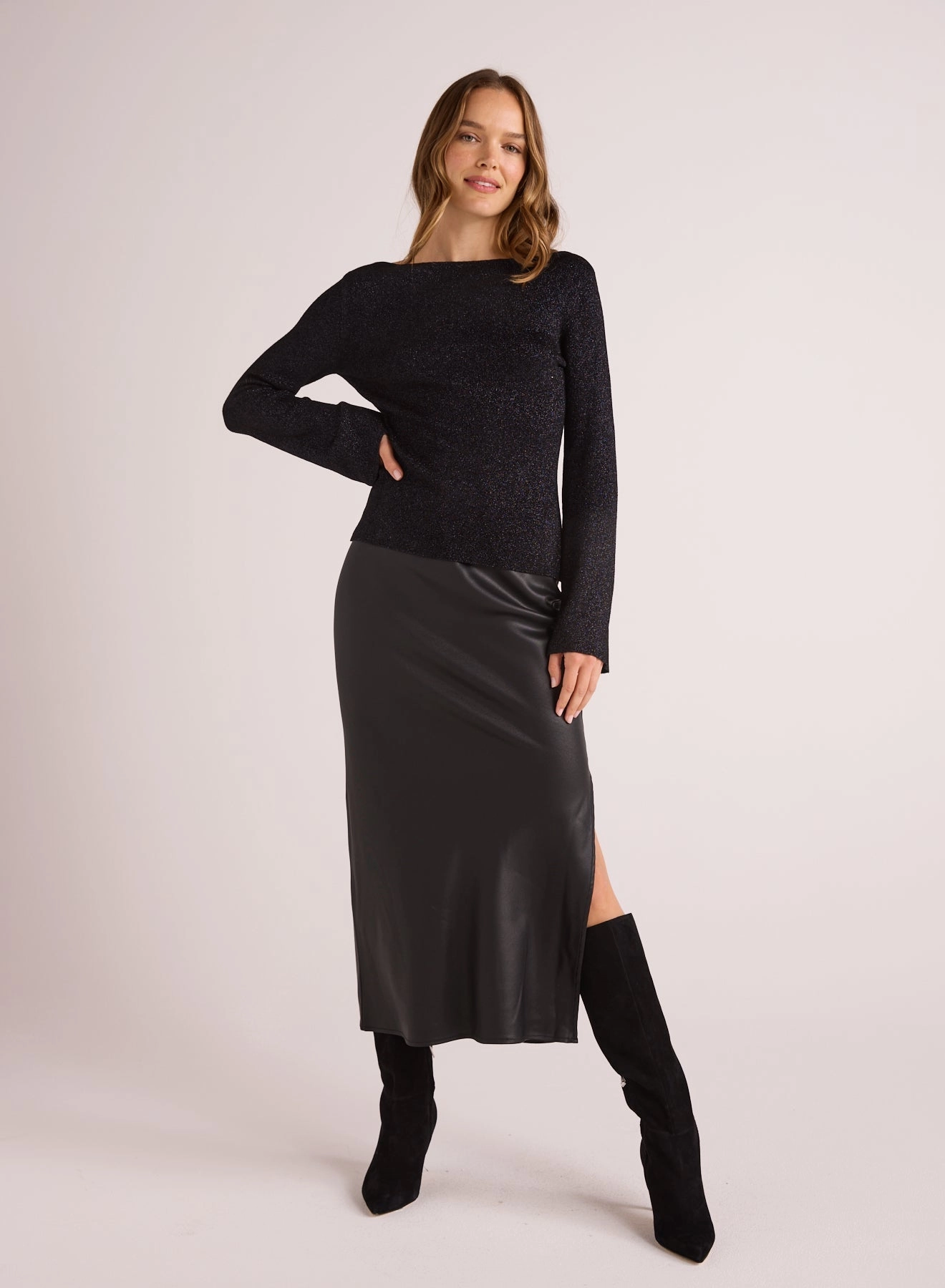 Boatneck Long Sleeve Sweater - Black with Metallic