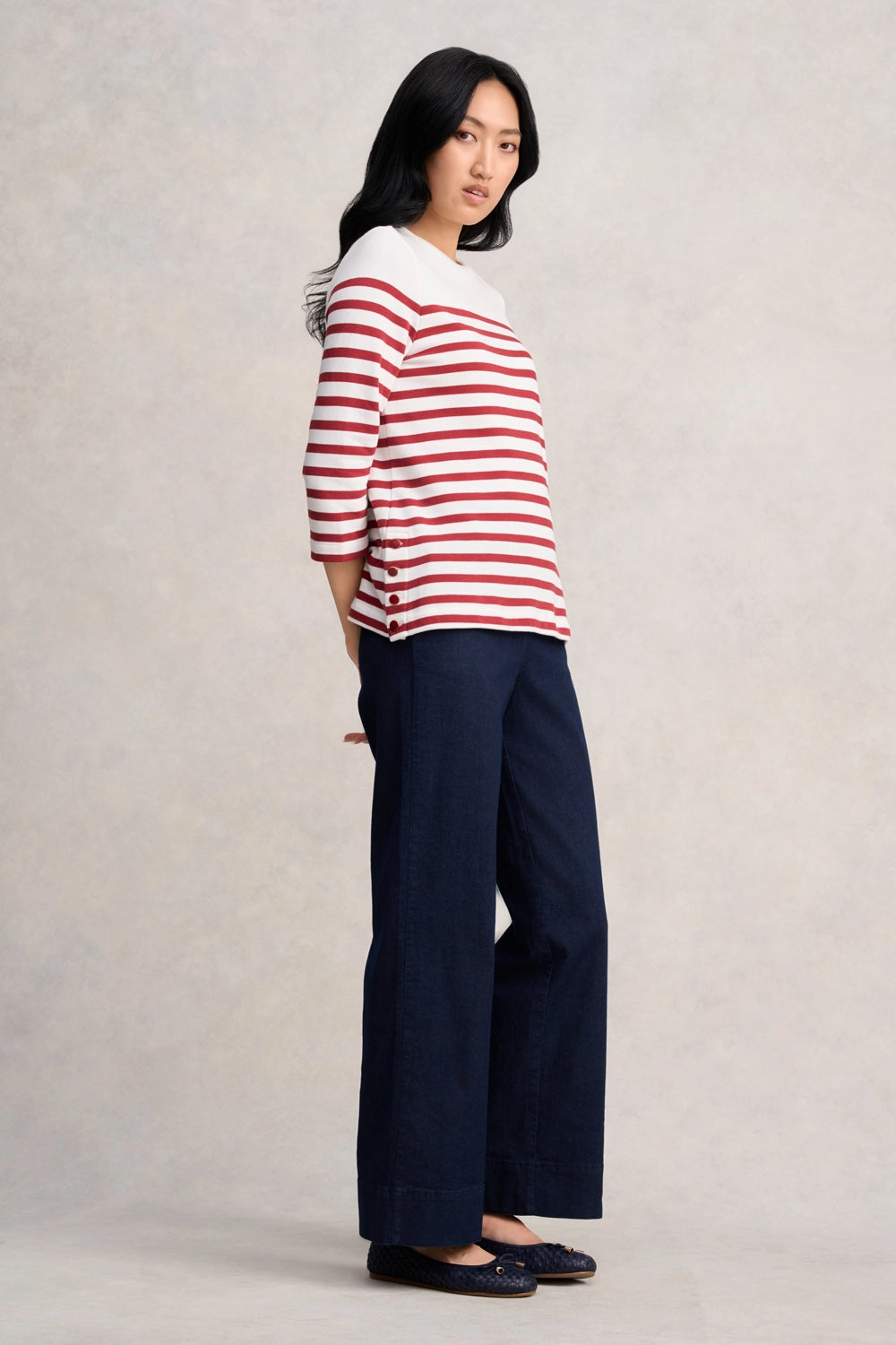 Button Detail Top - Red & Cream Stripe