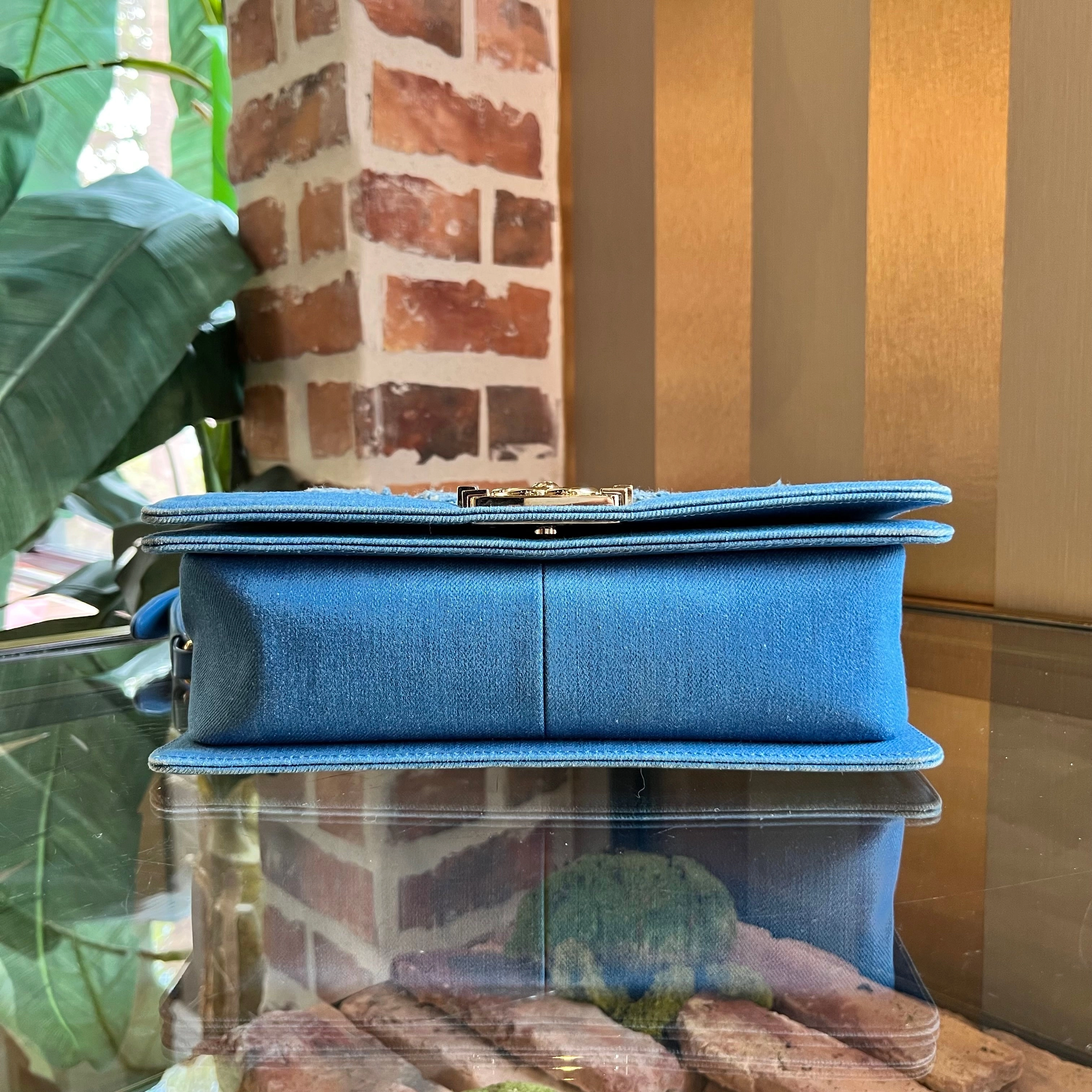 CHANEL Boy Flap Medium Light Blue Denim Pleated Shoulder Bag