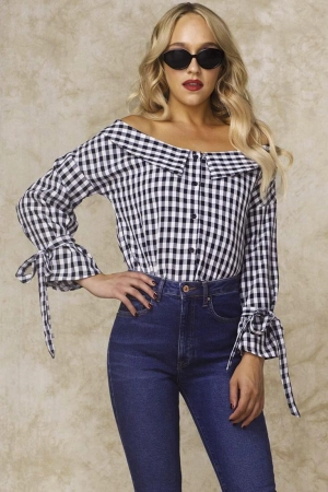 Clarke Off the Shoulder Checkered Dress Shirt Navy