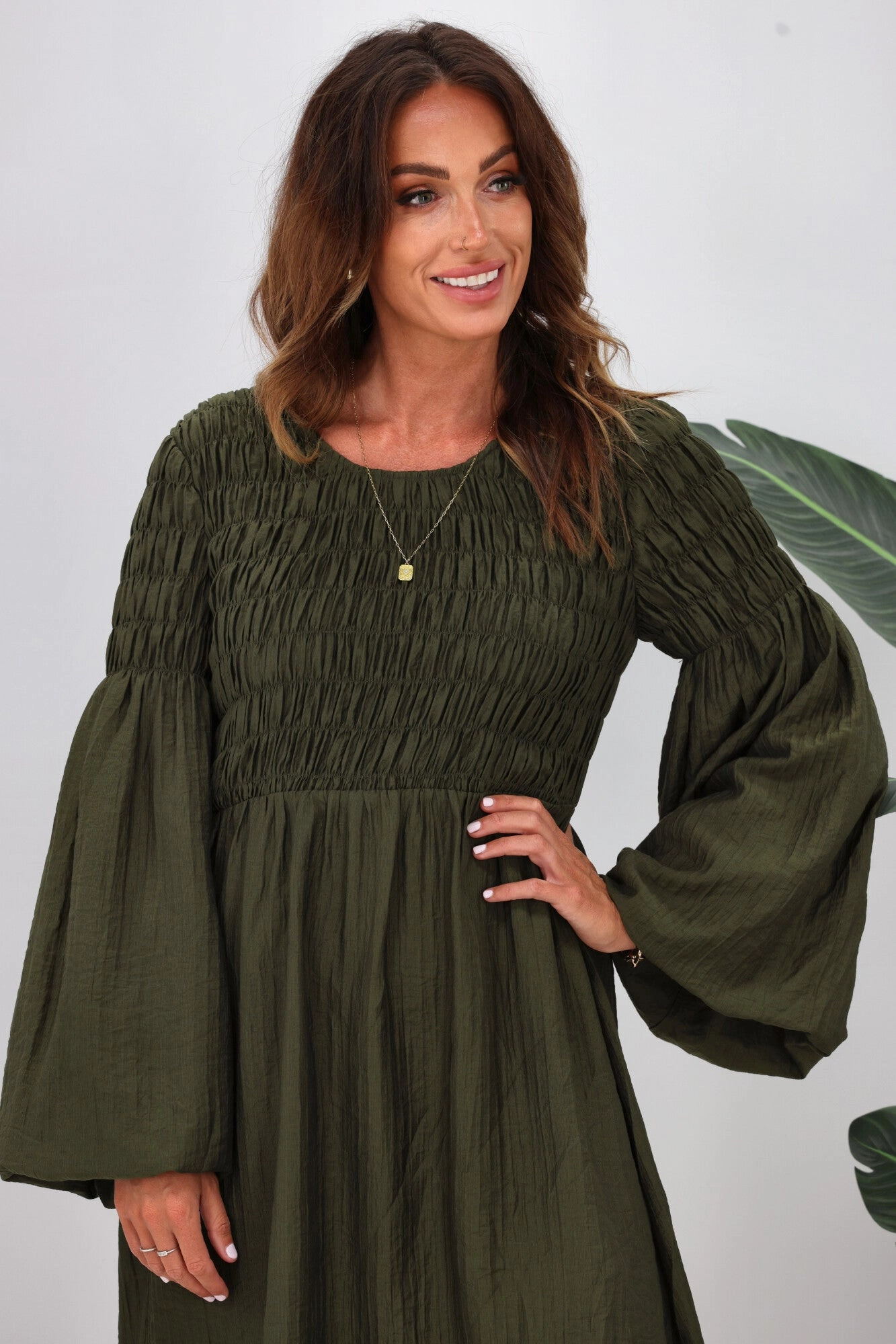 Gloss The Label Elara Shirred Bodice Dress Olive