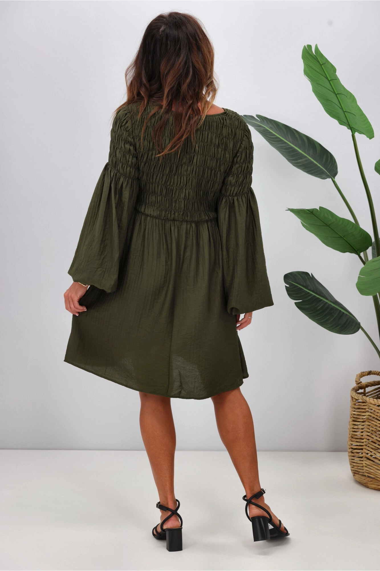 Gloss The Label Elara Shirred Bodice Dress Olive