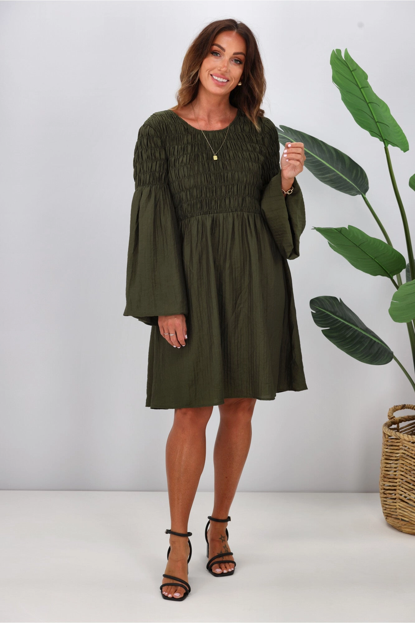 Gloss The Label Elara Shirred Bodice Dress Olive
