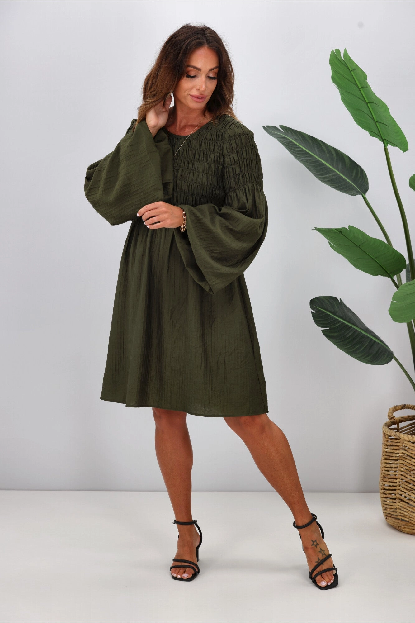 Gloss The Label Elara Shirred Bodice Dress Olive