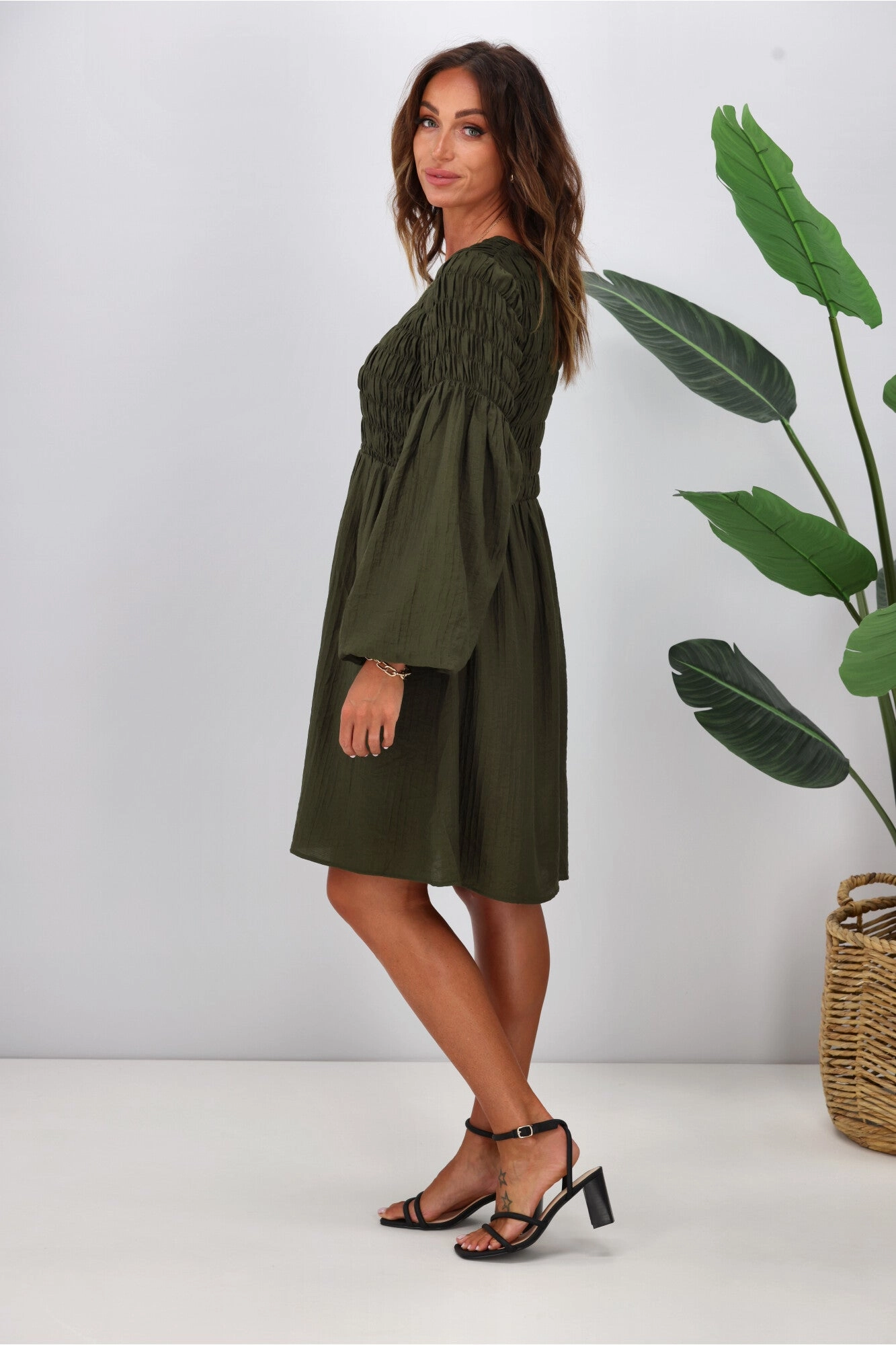 Gloss The Label Elara Shirred Bodice Dress Olive