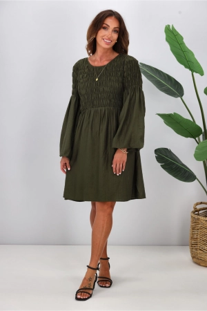 Gloss The Label Elara Shirred Bodice Dress Olive