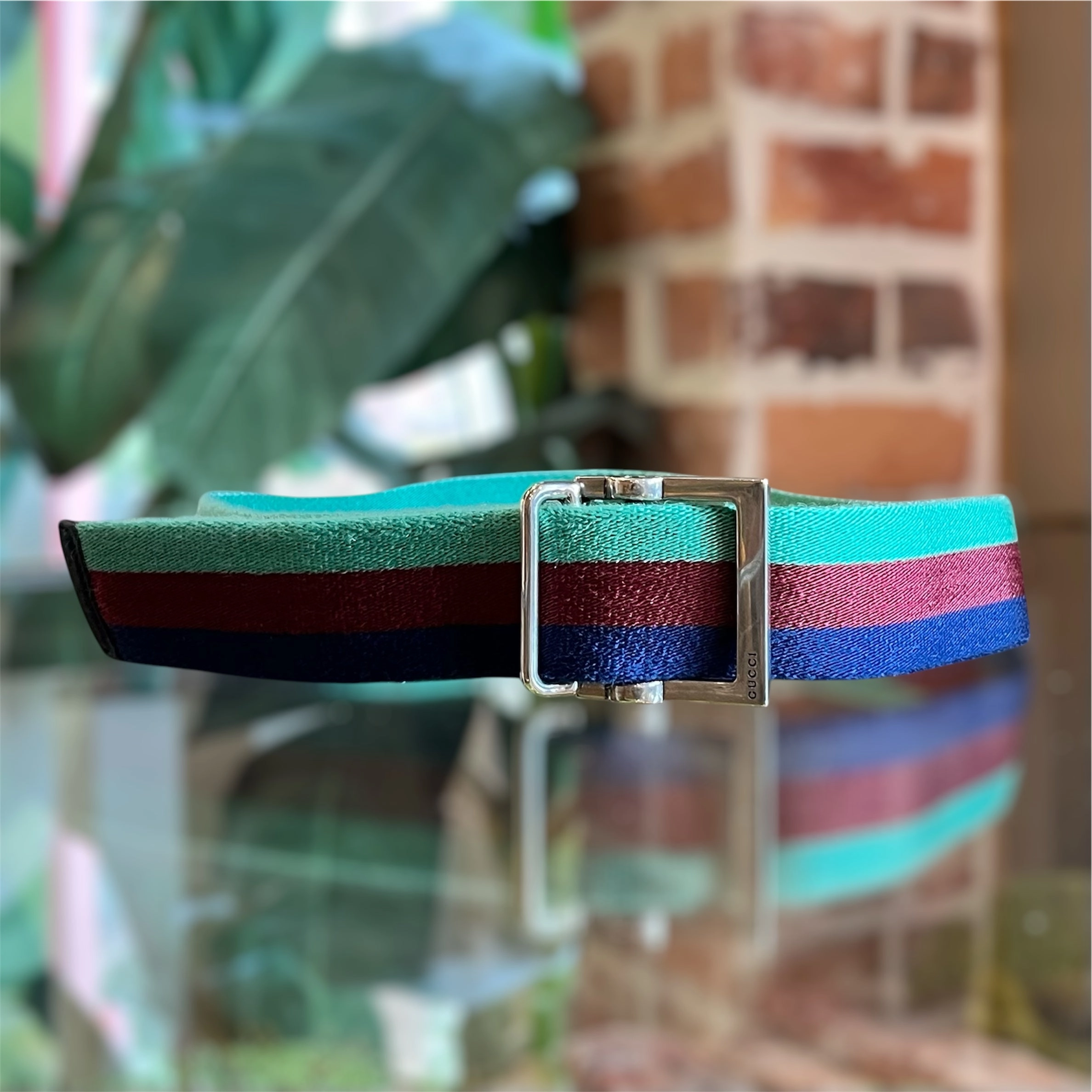 GUCCI Light Green Red Blue Web Stripe Vintage Cotton Belt 85/34(6US)