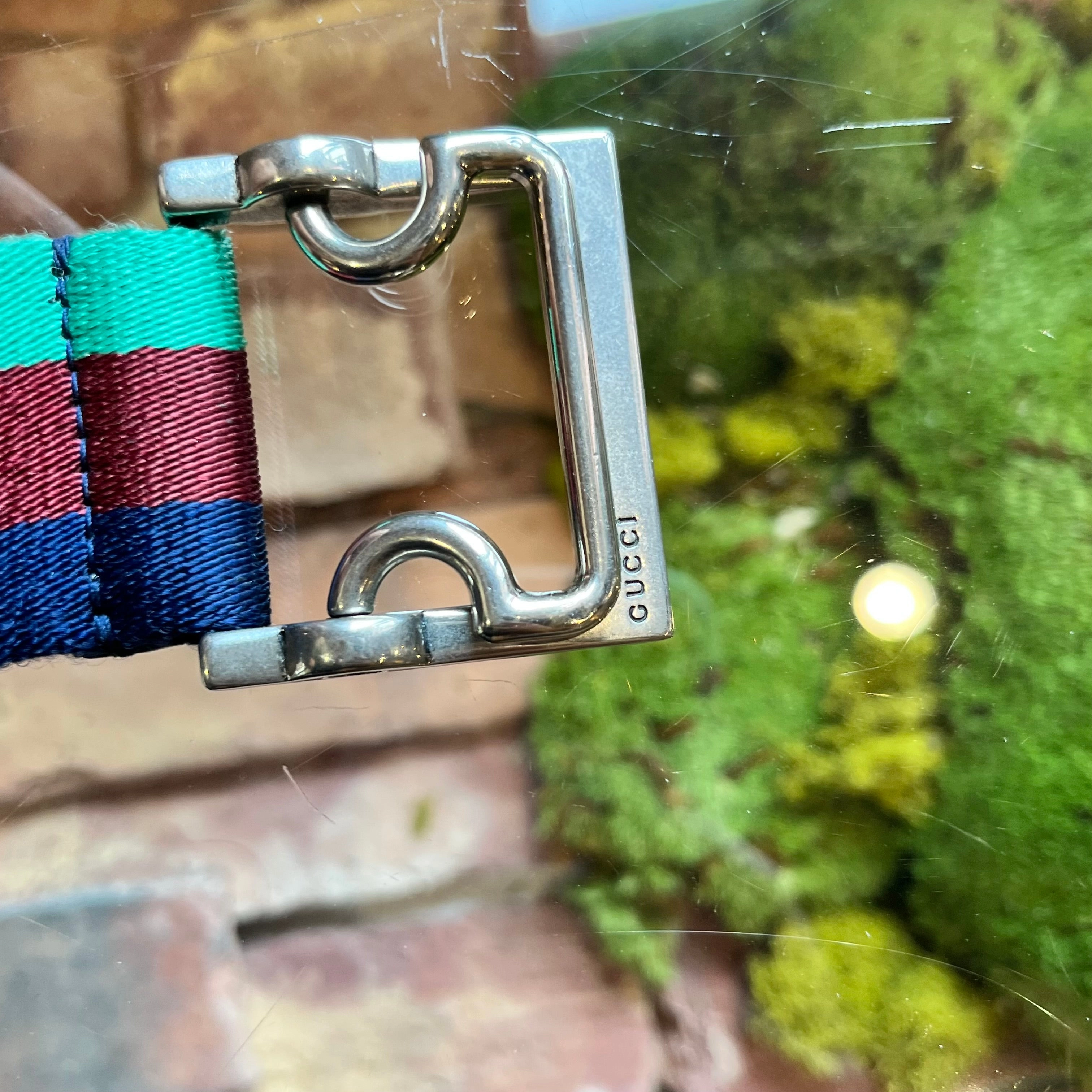 GUCCI Light Green Red Blue Web Stripe Vintage Cotton Belt 85/34(6US)