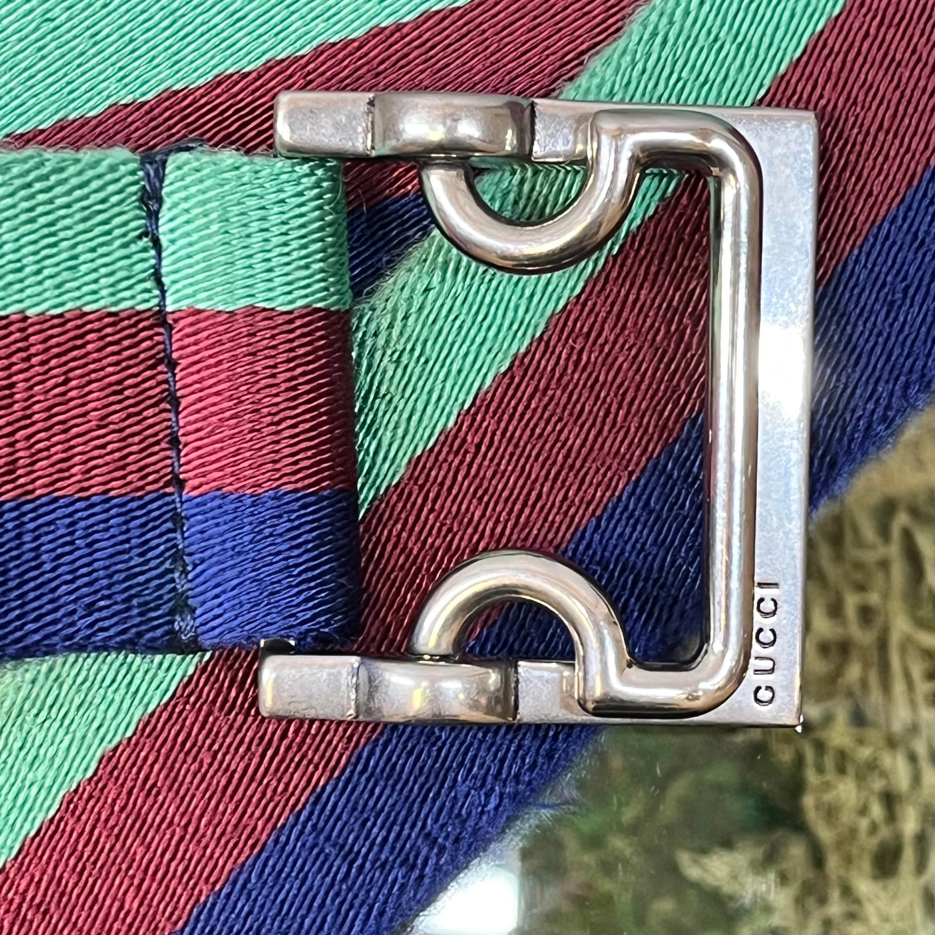 GUCCI Light Green Red Blue Web Stripe Vintage Cotton Belt 85/34(6US)