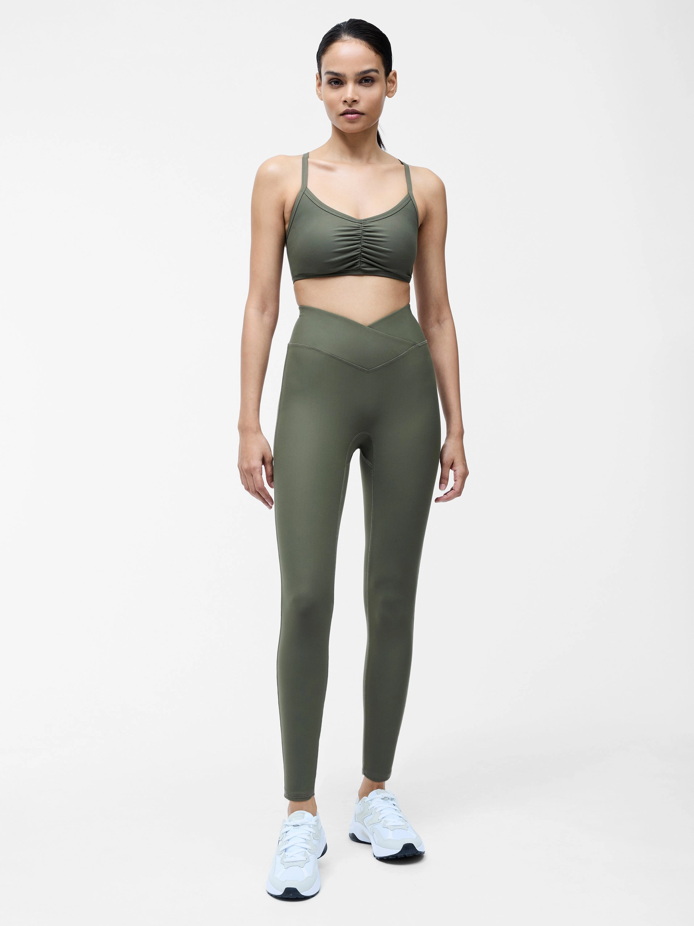 Khaki High-Waisted Crossover Gym Leggings