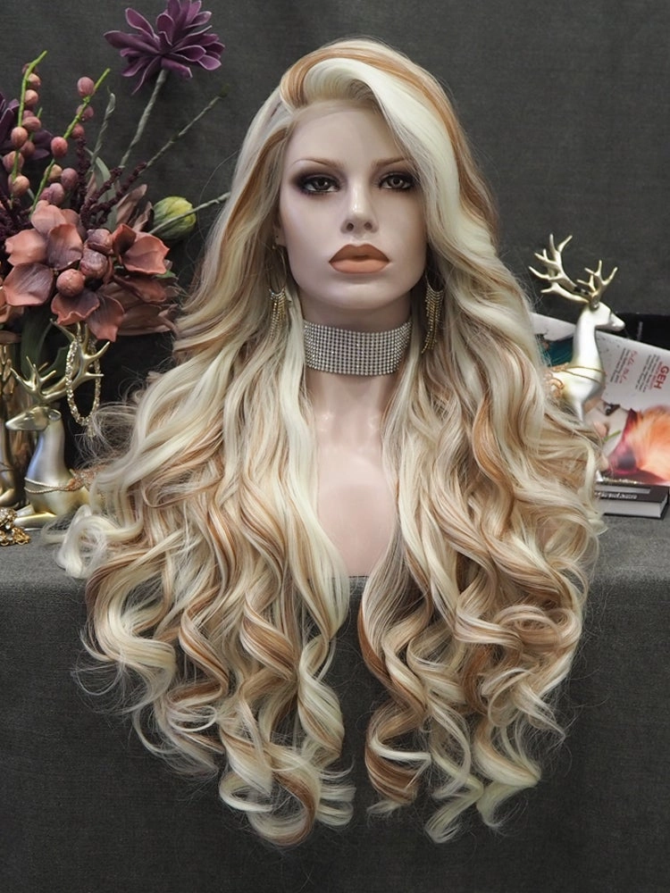 Lizzy  - White Blonde And Brown Highlights Long Loose Curl Synthetic Lace Front Wig For Women