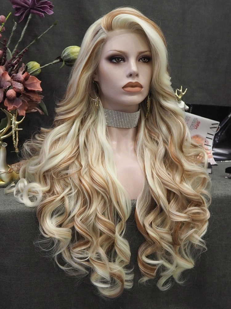 Lizzy  - White Blonde And Brown Highlights Long Loose Curl Synthetic Lace Front Wig For Women