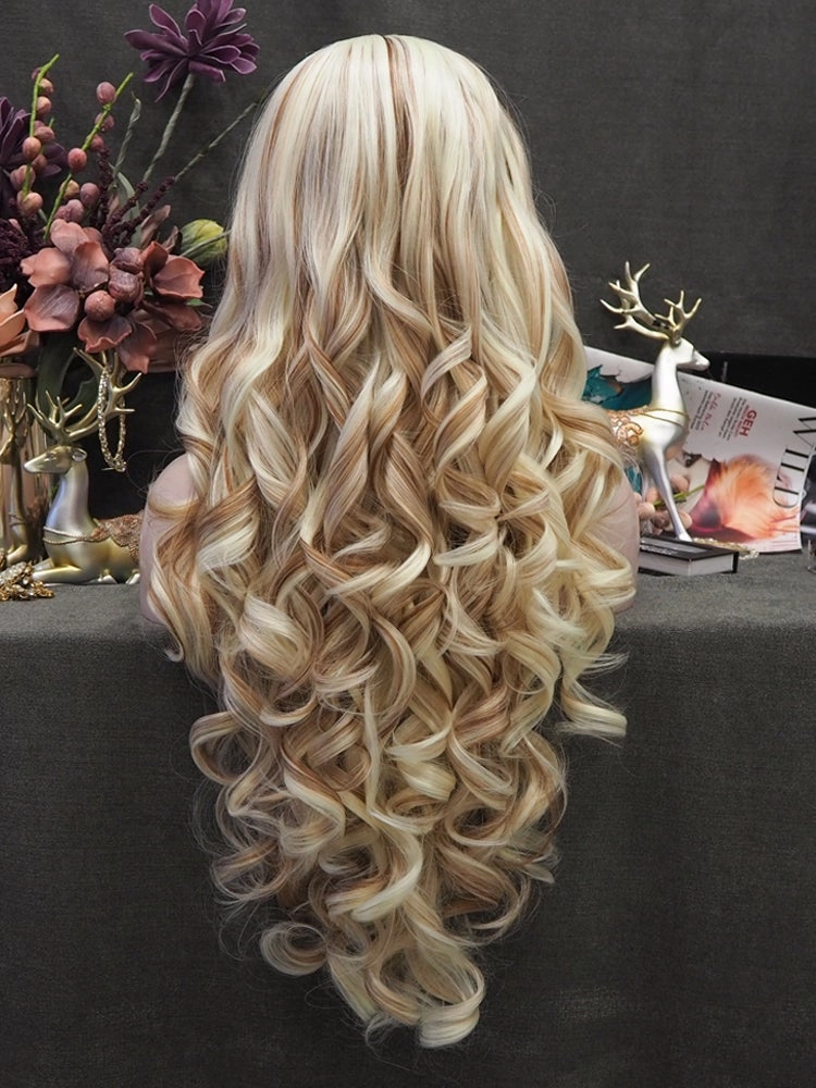 Lizzy  - White Blonde And Brown Highlights Long Loose Curl Synthetic Lace Front Wig For Women