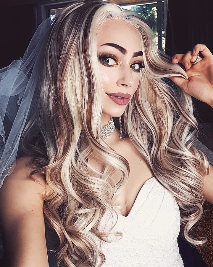Lizzy  - White Blonde And Brown Highlights Long Loose Curl Synthetic Lace Front Wig For Women