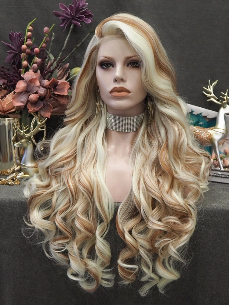 Lizzy  - White Blonde And Brown Highlights Long Loose Curl Synthetic Lace Front Wig For Women