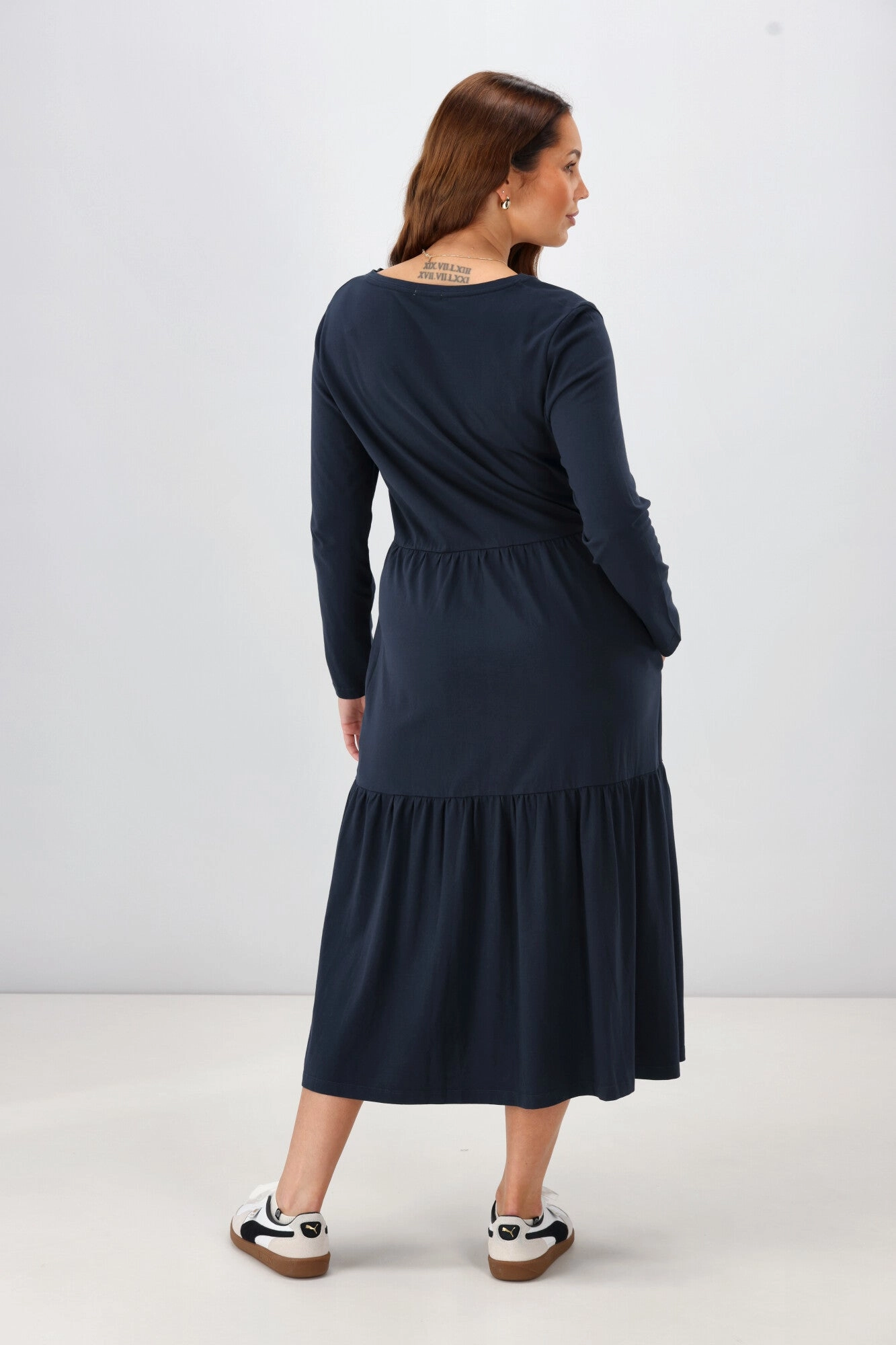 Shine On Essential Long Sleeve Tiered Dress Navy