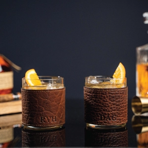 The Gentleman Rocks Glass & Sleeves ~ Shrunken Bison Leather - Set of Two Wraps & Glasses