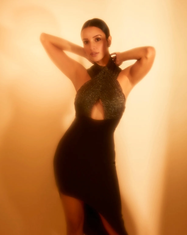 Tripti Dimri in our Brown Asymetrical Micro Dress with Cording Halter Neck from Ancienne Collection
