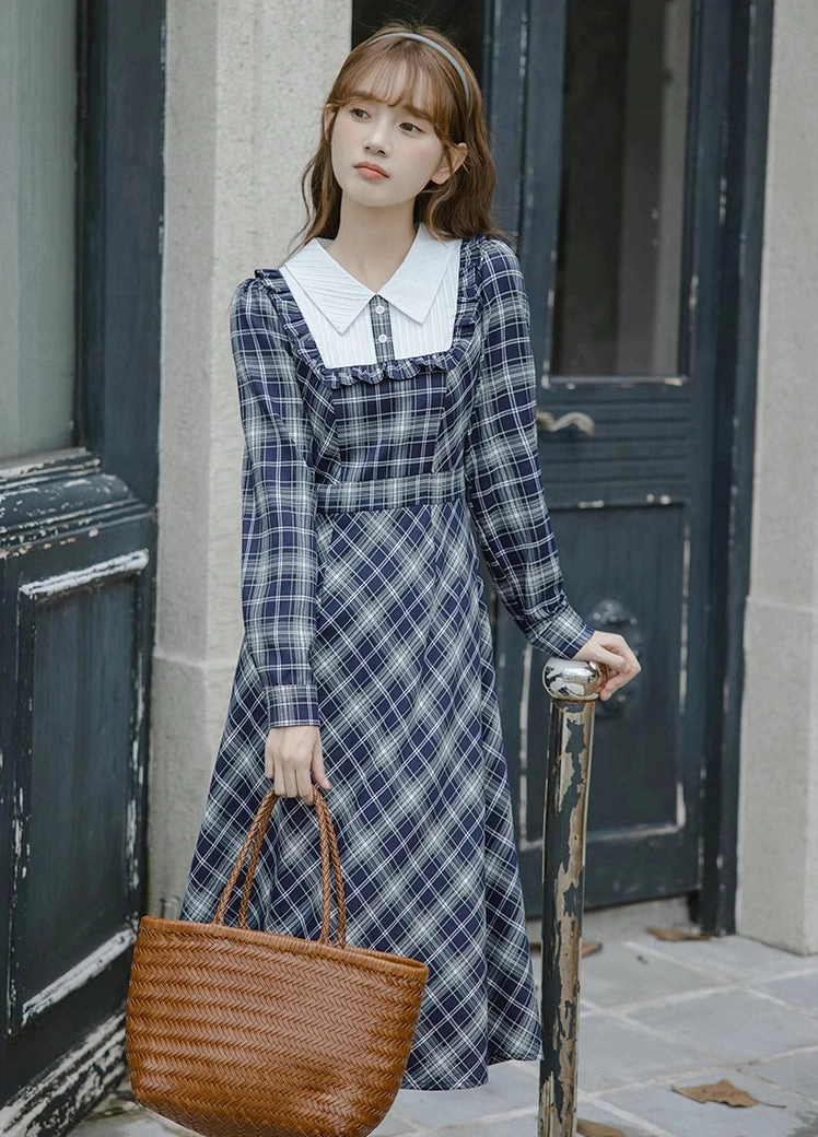 Uni Plaid Midi Dress (Navy)
