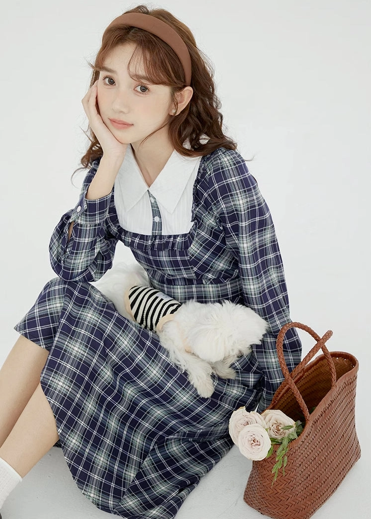 Uni Plaid Midi Dress (Navy)