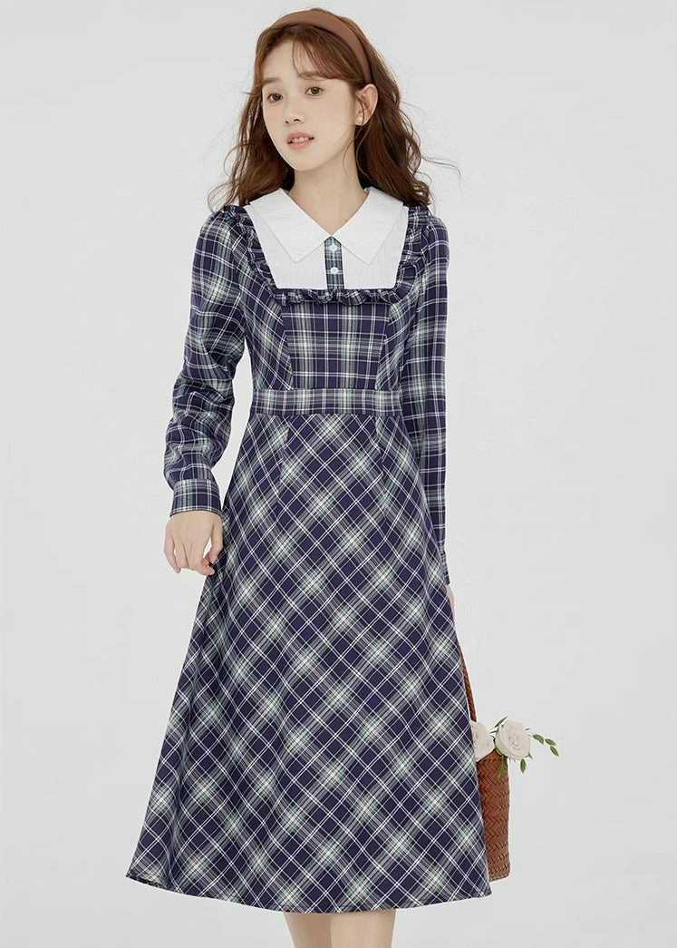 Uni Plaid Midi Dress (Navy)
