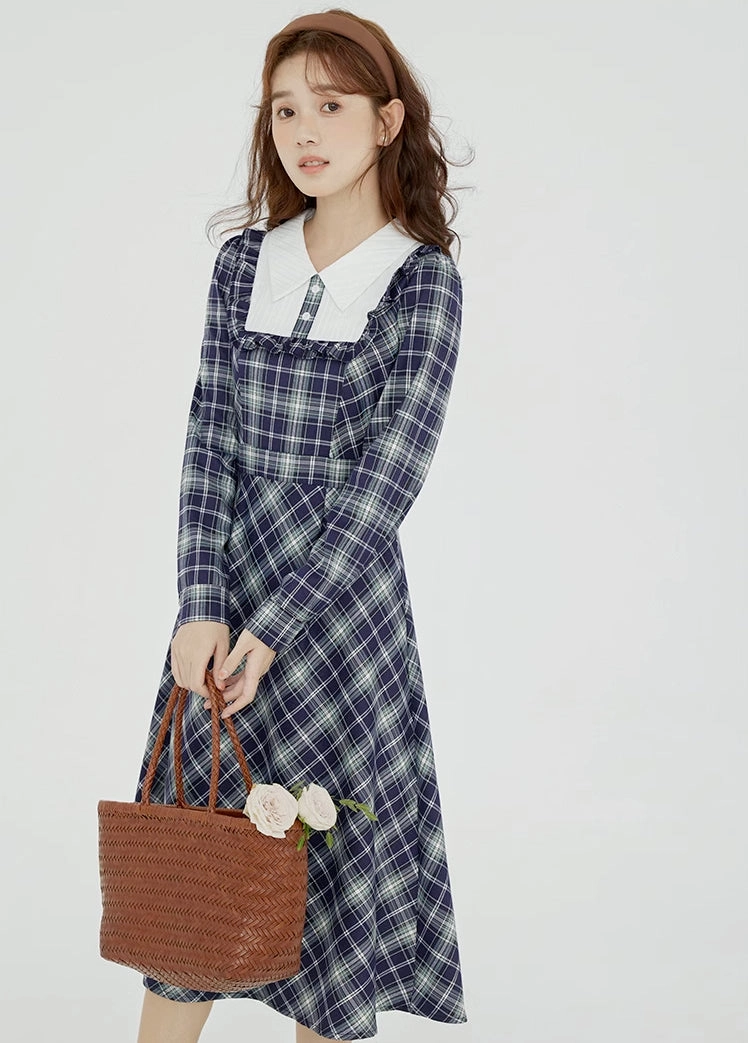 Uni Plaid Midi Dress (Navy)