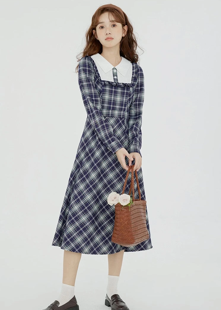 Uni Plaid Midi Dress (Navy)