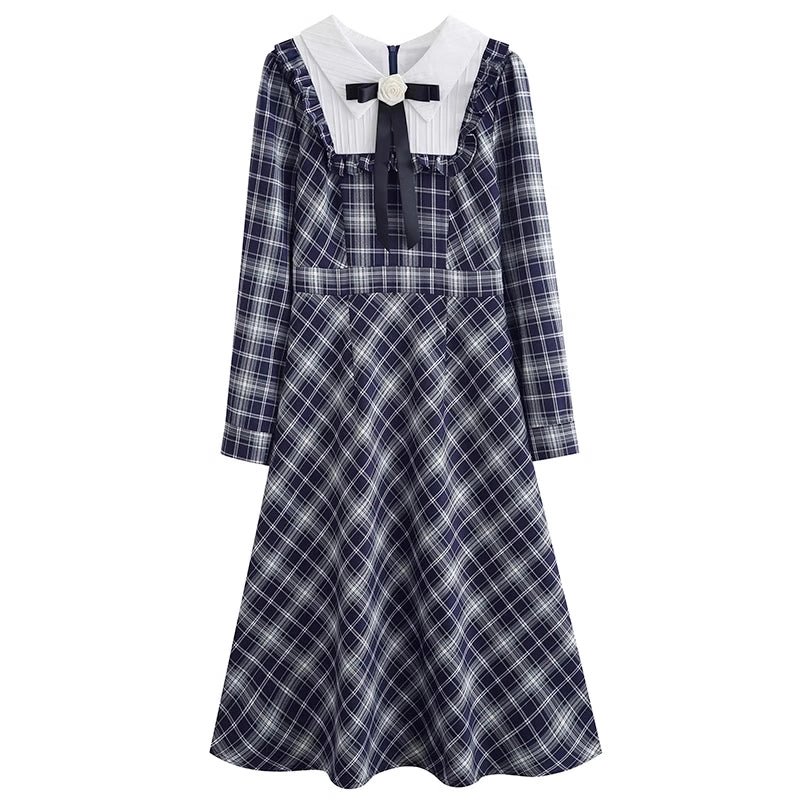 Uni Plaid Midi Dress (Navy)