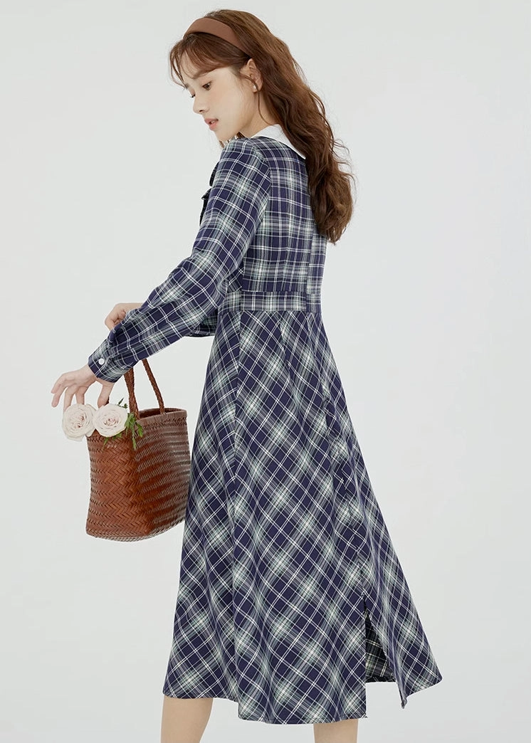 Uni Plaid Midi Dress (Navy)