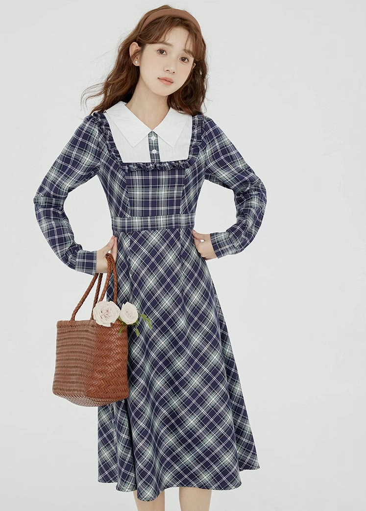 Uni Plaid Midi Dress (Navy)