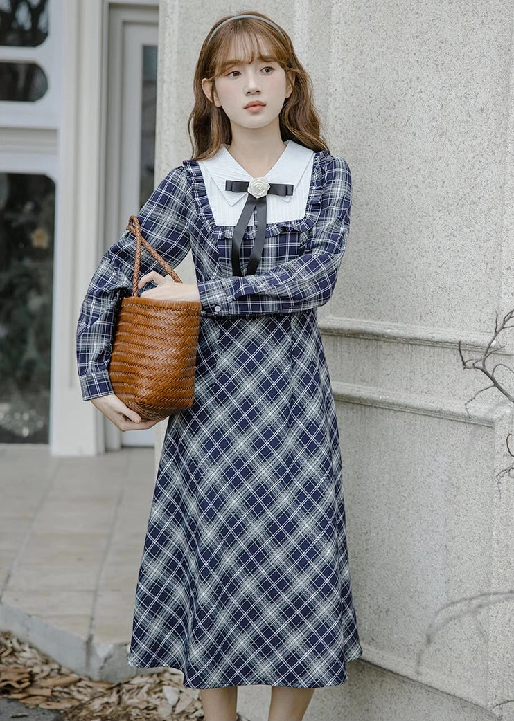 Uni Plaid Midi Dress (Navy)