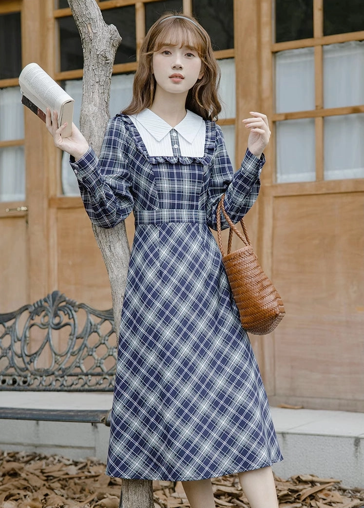 Uni Plaid Midi Dress (Navy)