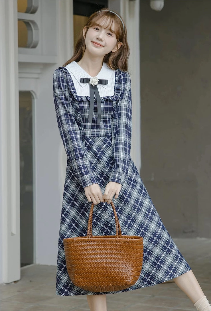 Uni Plaid Midi Dress (Navy)