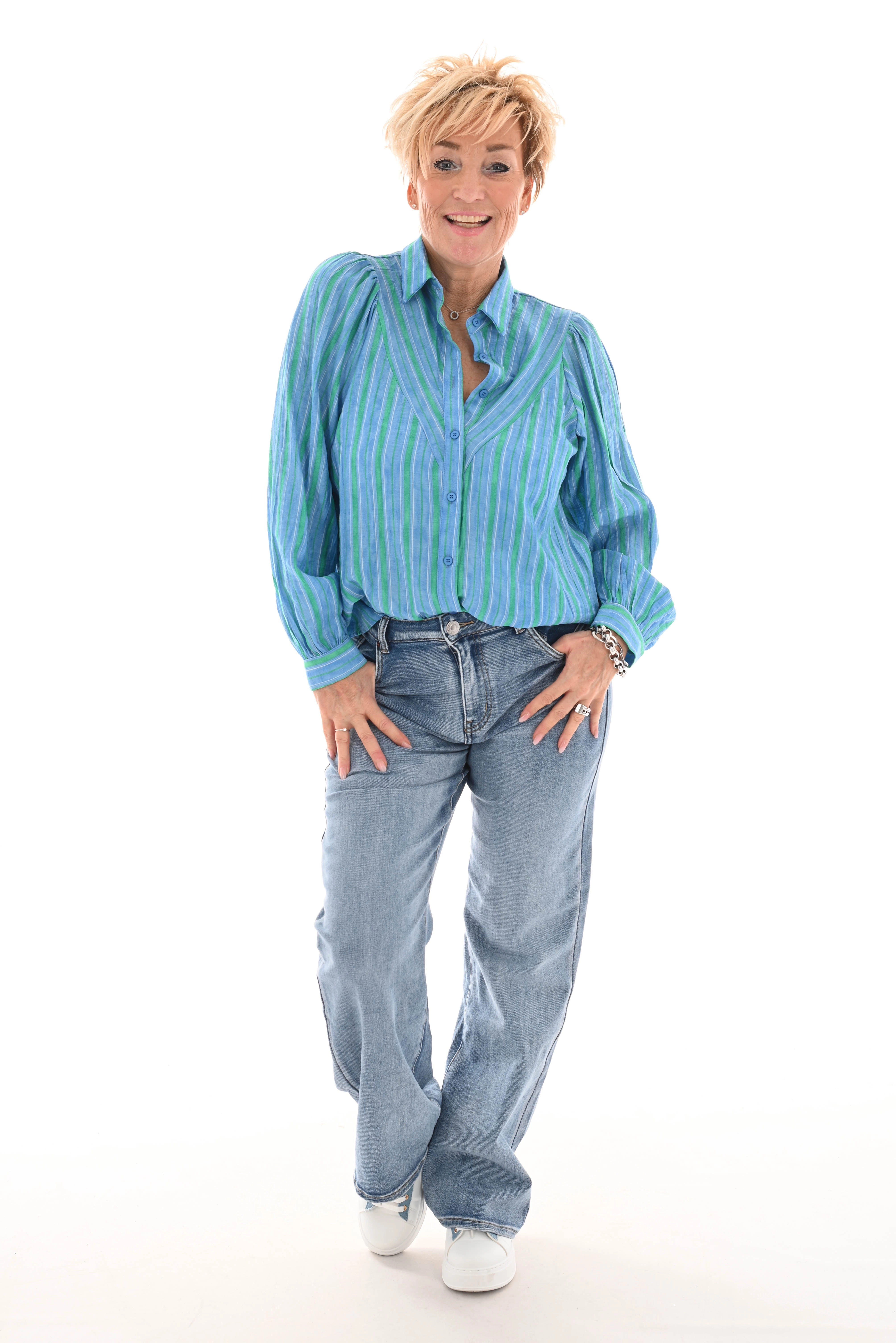 V gestreepte blouse blauw/groen
