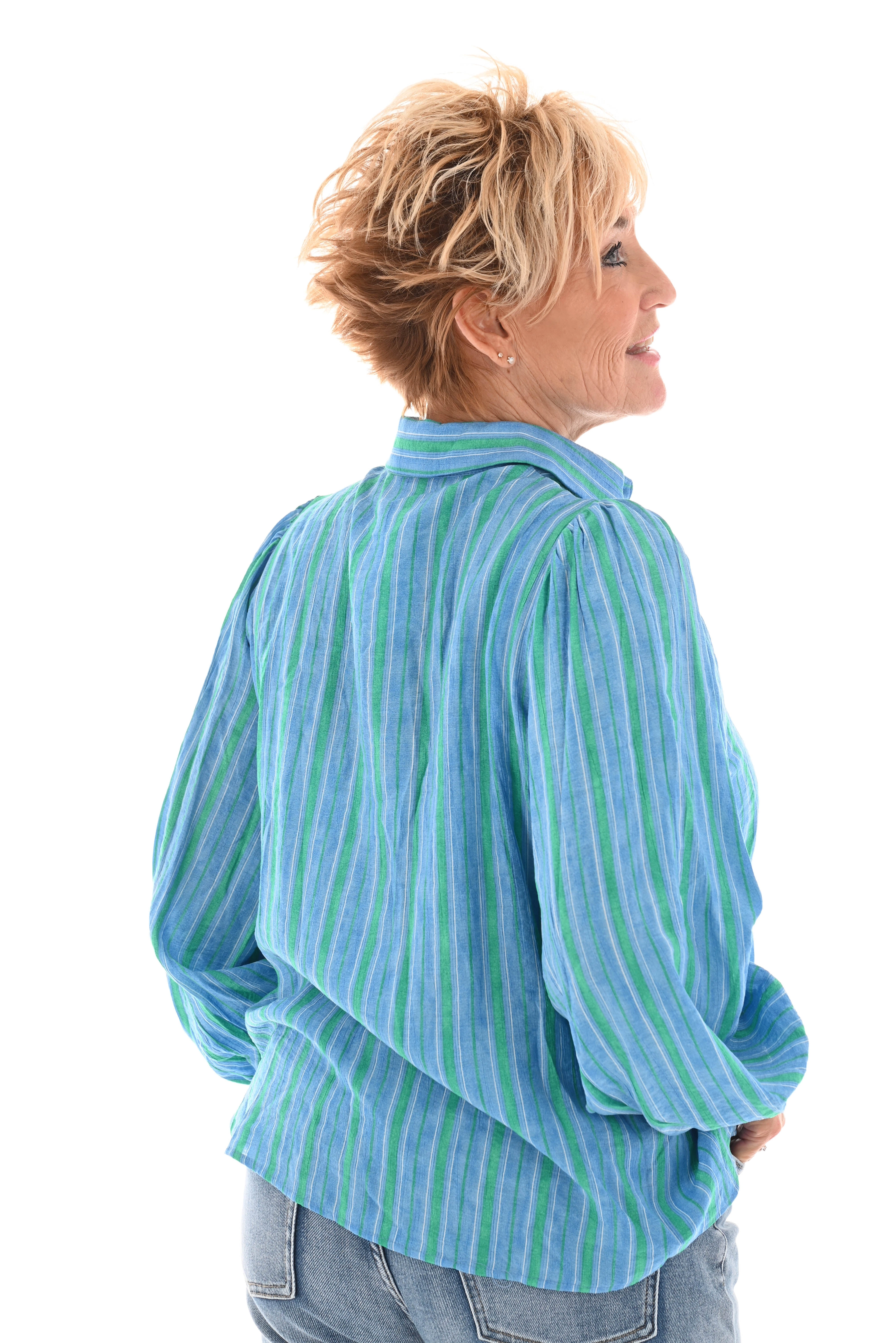 V gestreepte blouse blauw/groen