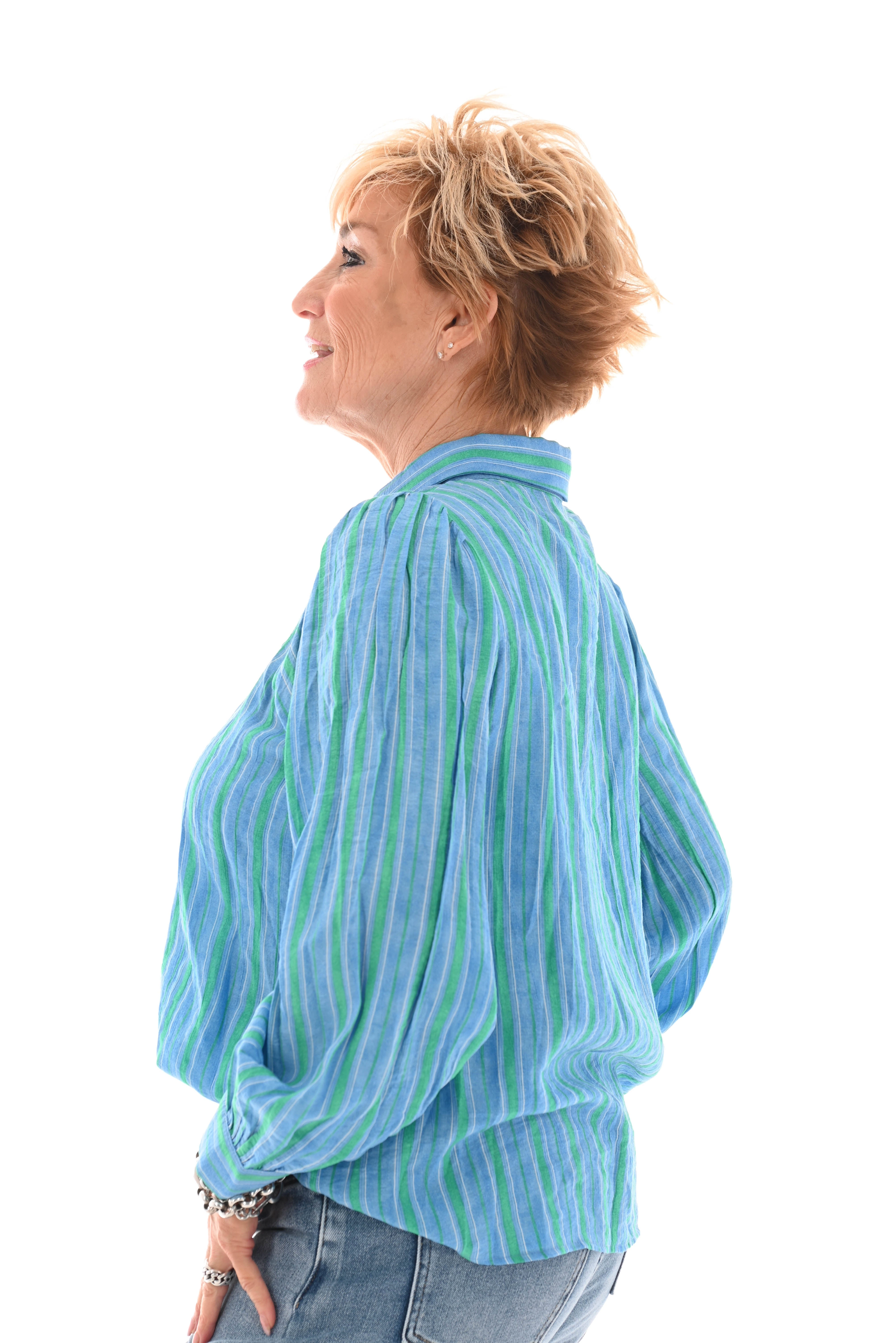 V gestreepte blouse blauw/groen