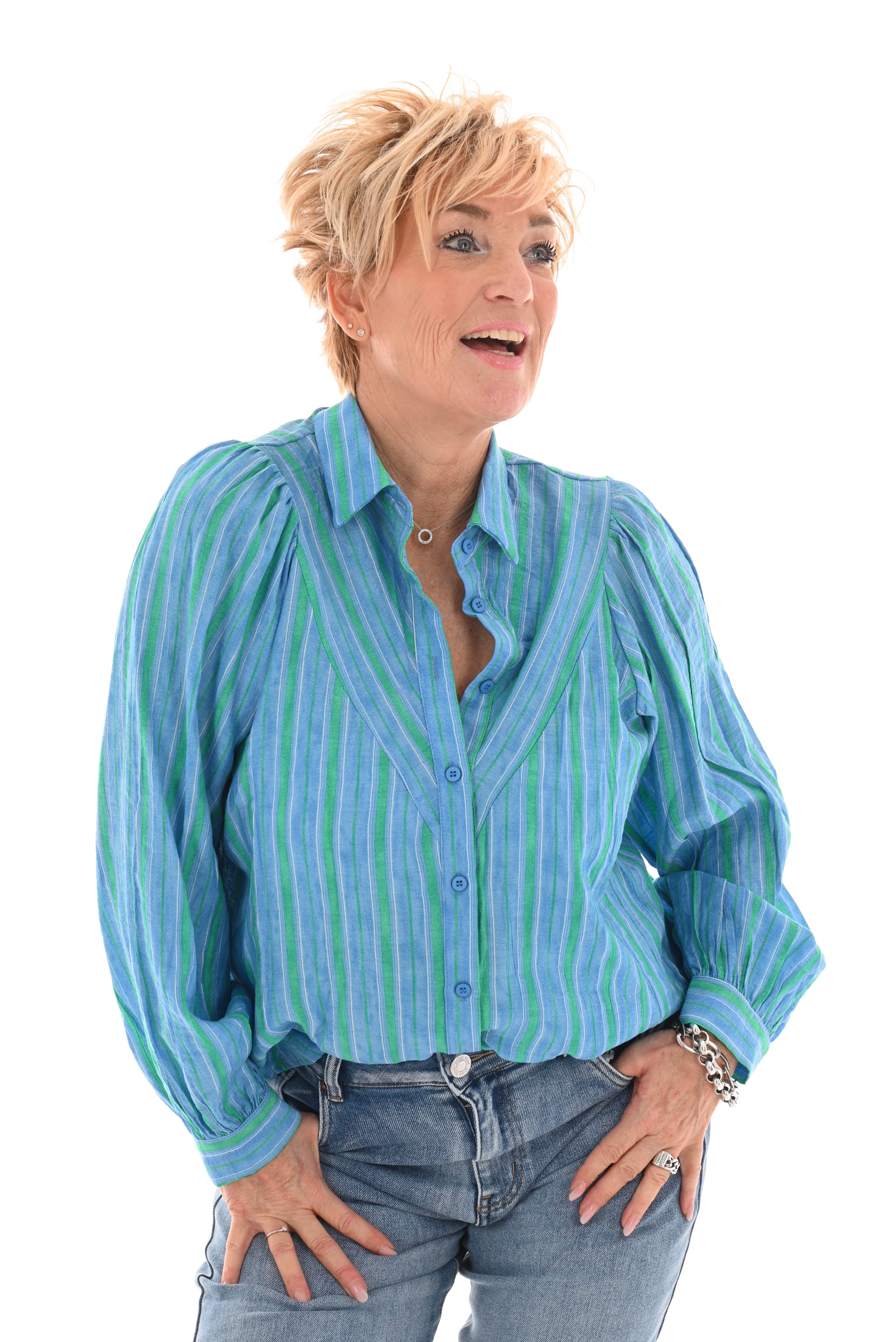 V gestreepte blouse blauw/groen